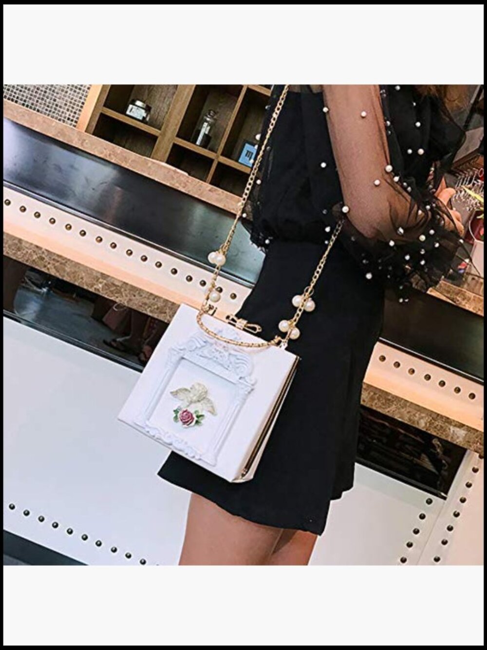 Rose Embossed Evening Clutch Crossbody Pearl Chain Shoulder Bag Formal Party - Picture 3 of 3